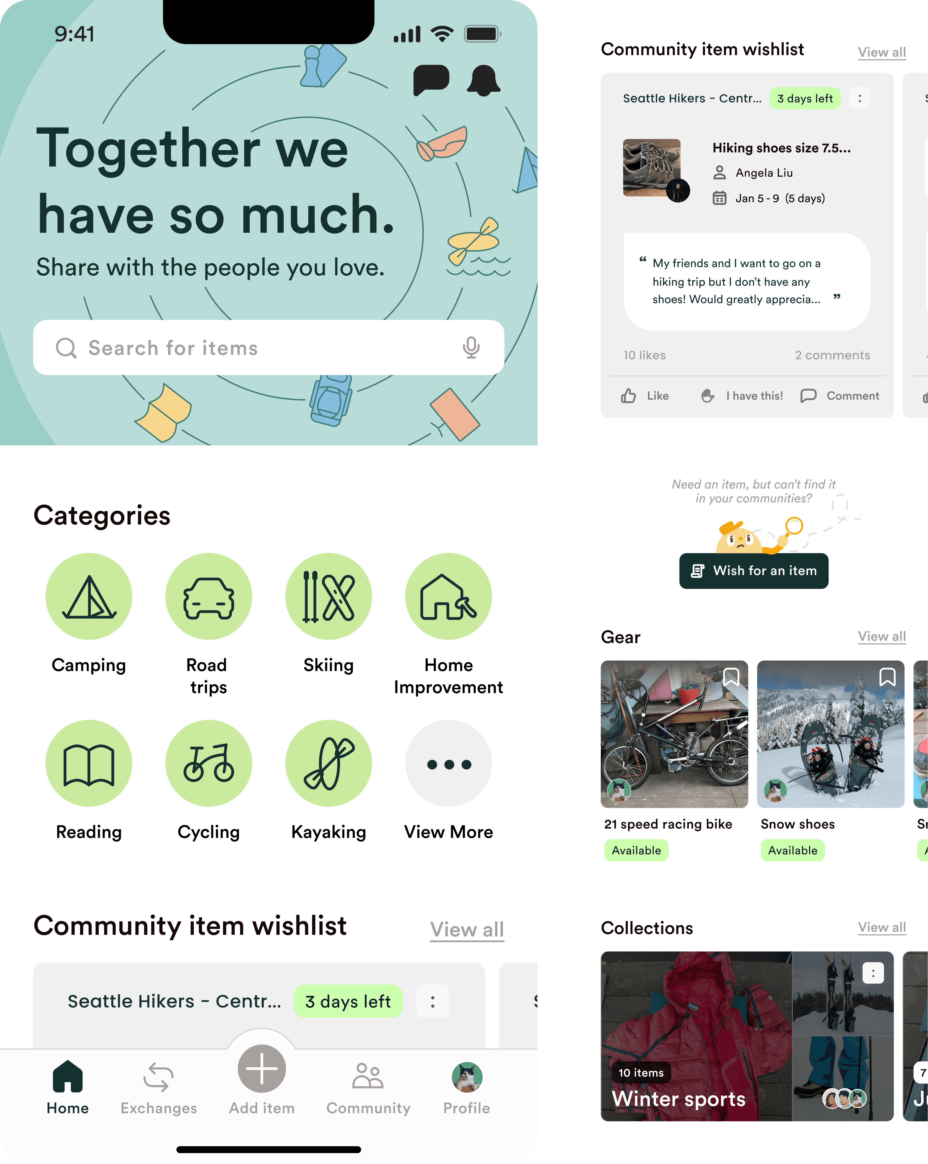 The redesigned home screen with the Community Item Wishlist section and a Wish for an item button